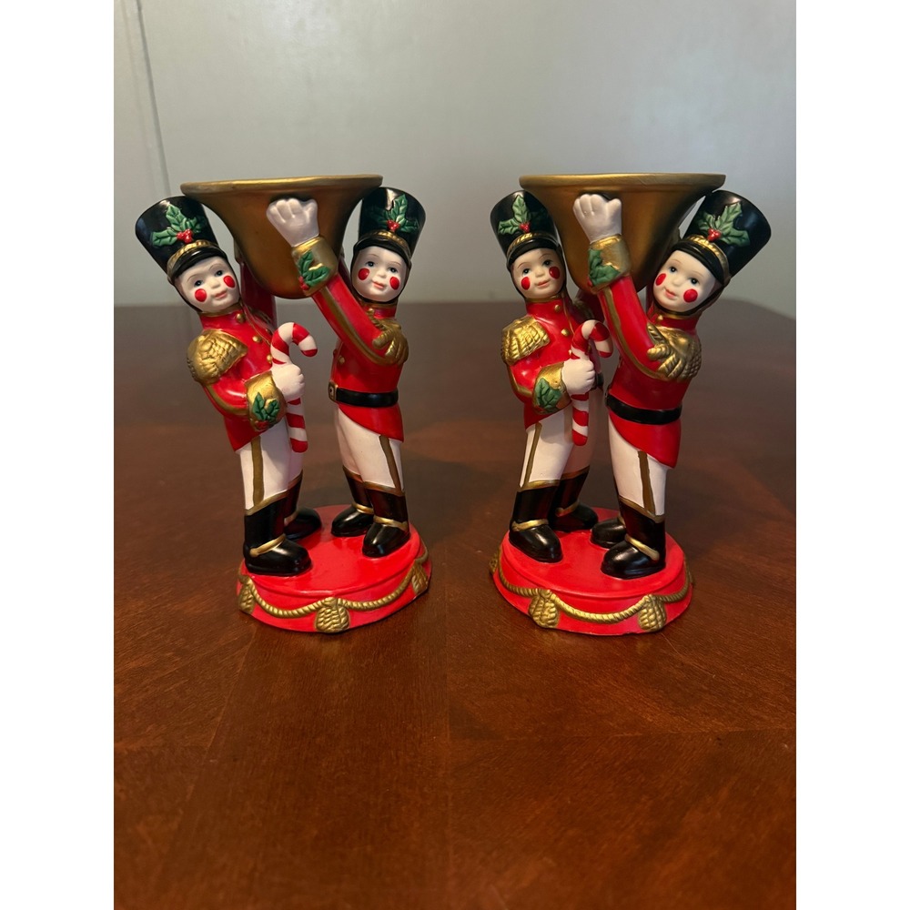 PartyLite Toy Soldier Taper Candle Holders Christmas Set of 2 Red Gold